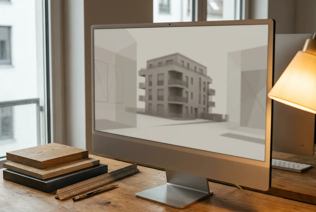 Monitor mit dreidimensionalem Gebäudemodell und Materialmustern