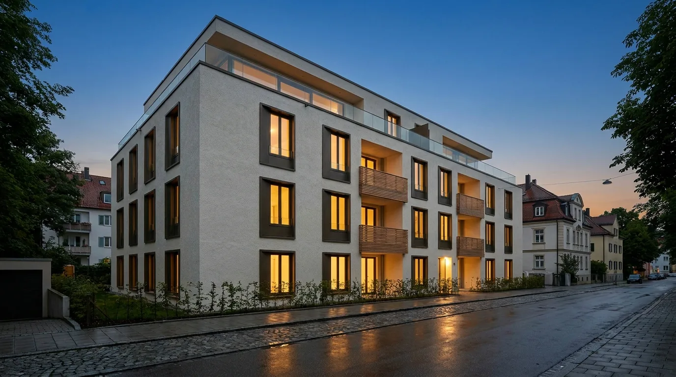 Neubau in der Dämmerung mit warm erleuchteten Fenstern