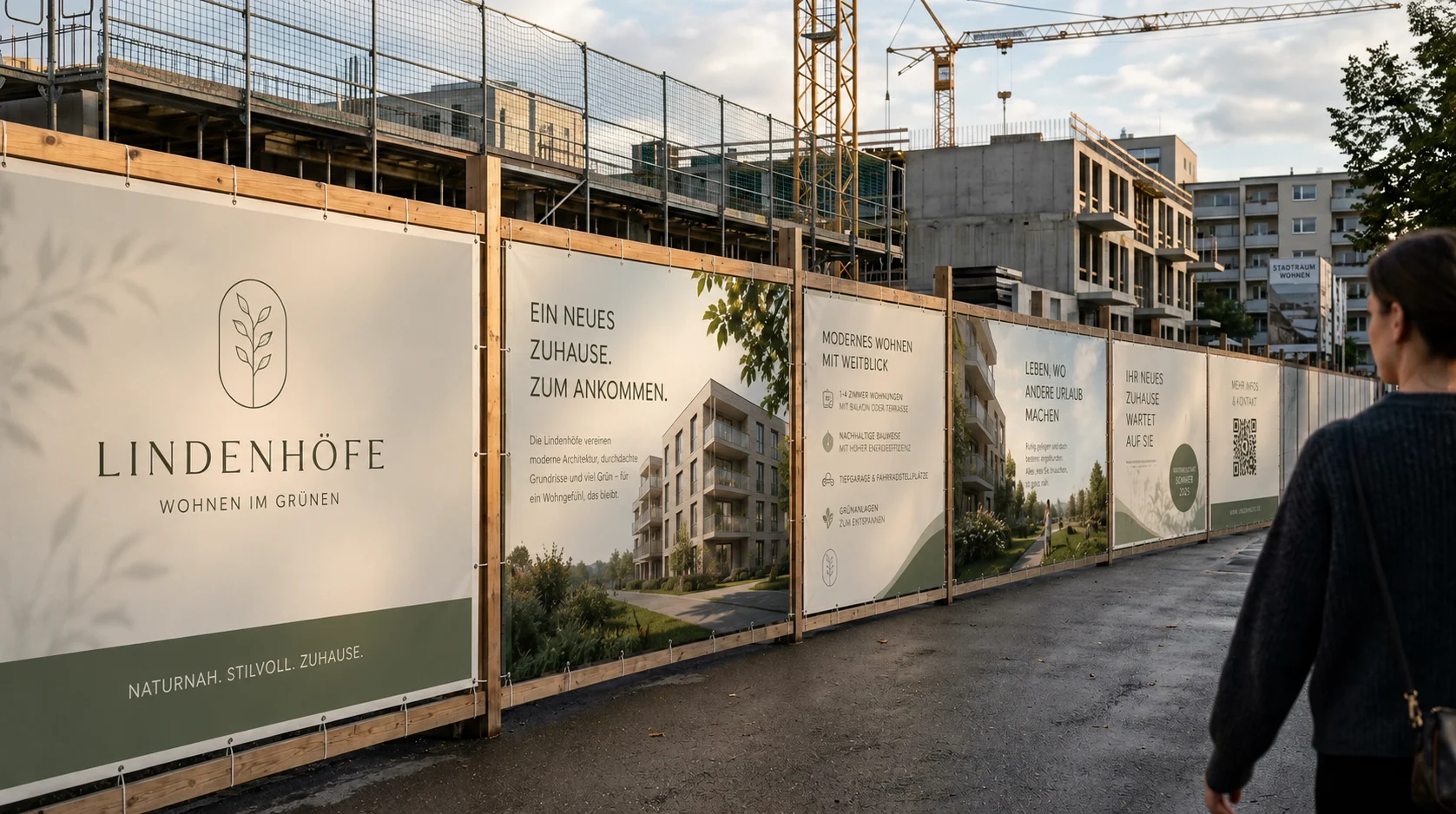 Bautafel mit Projektbranding am Zugang einer Baustelle