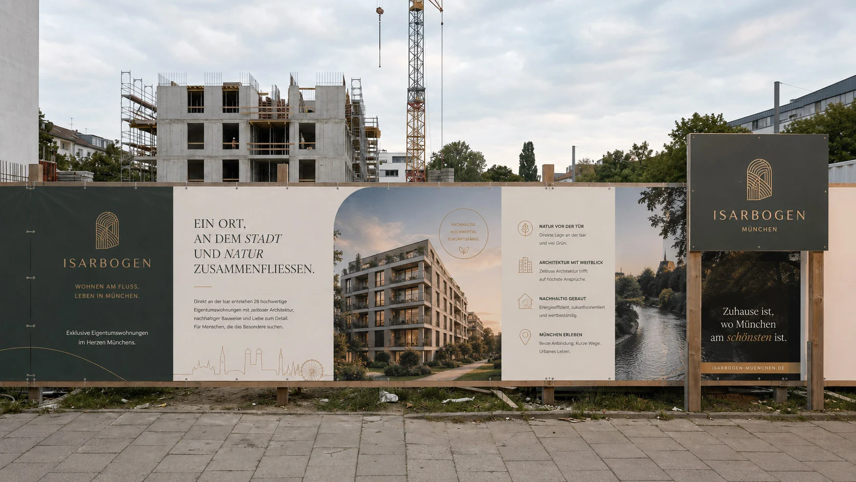 Bauzaunbanner eines Neubauprojekts in München vor dem Rohbau
