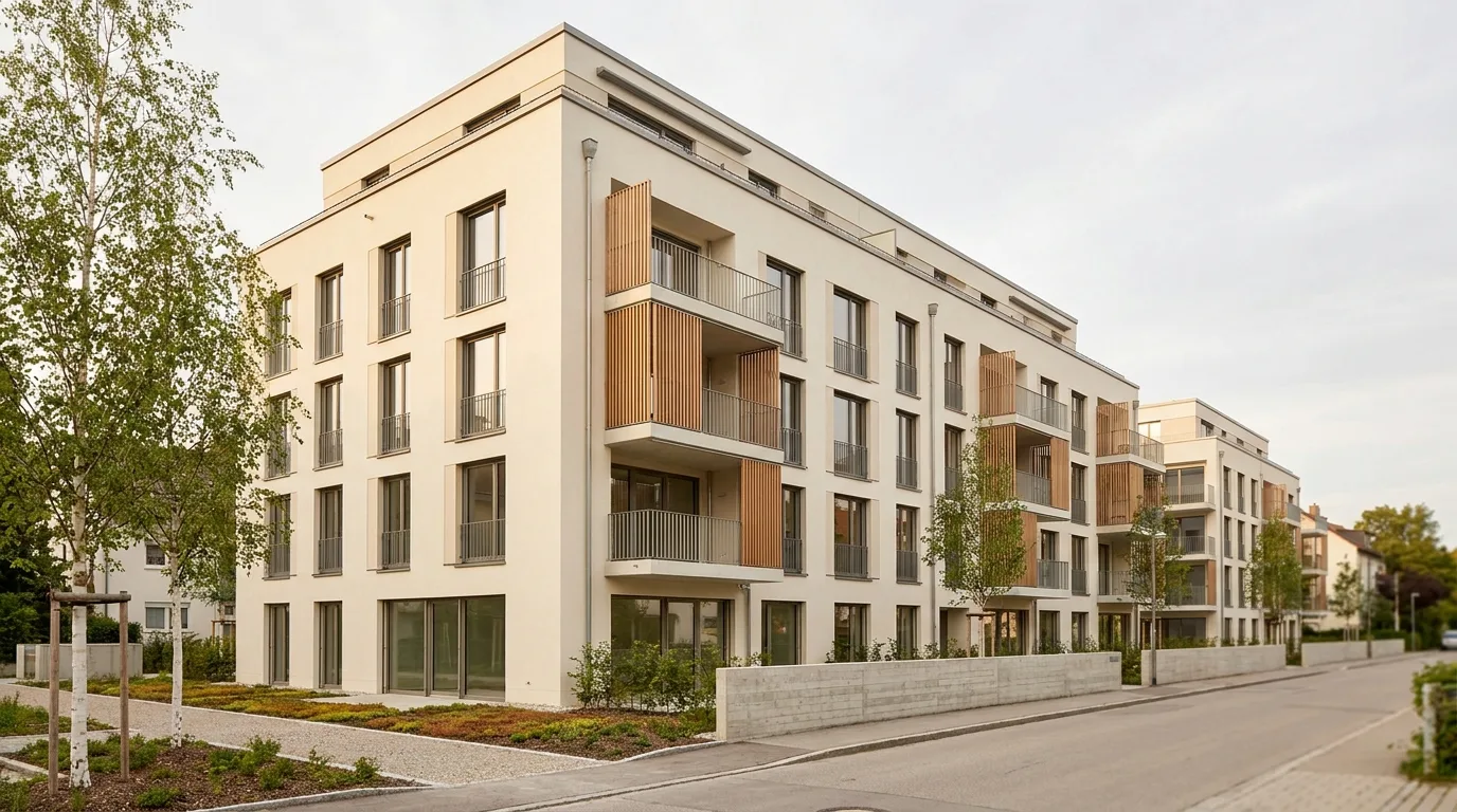 Fertiggestellter Neubau mit warmweißer Putzfassade und Holzlamellen