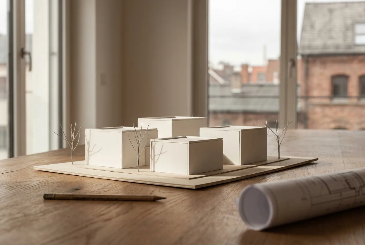 Weißes Städtebaumodell eines Wohnquartiers auf dem Studiotisch
