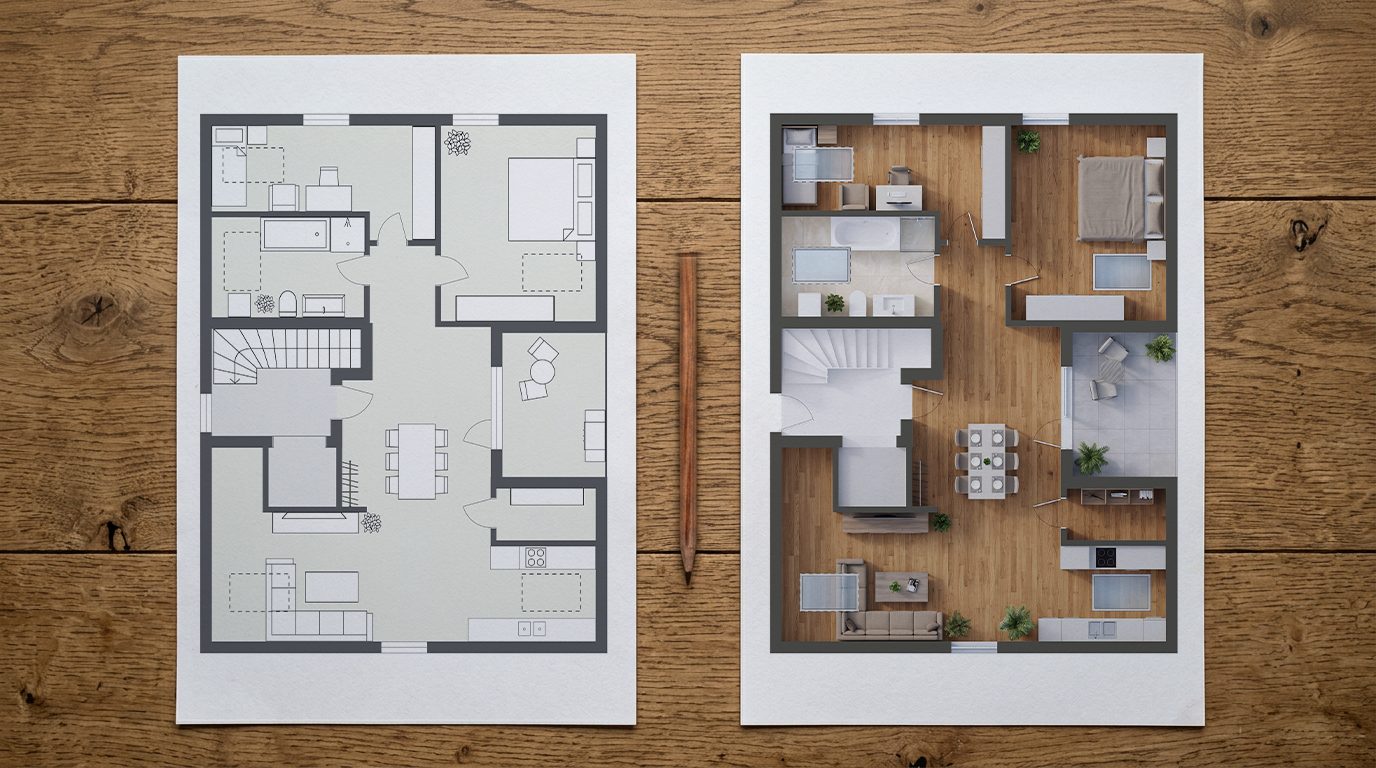 Grundriss in Schwarzweiß und koloriert im Vergleich