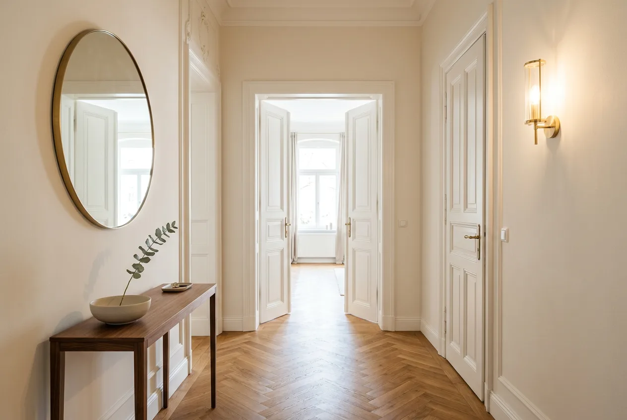 Eingangsbereich einer Altbauwohnung, für die Besichtigung vorbereitet