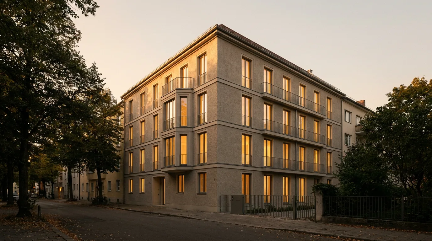 Münchner Stadthaus mit Erker und Balkonen im Abendlicht