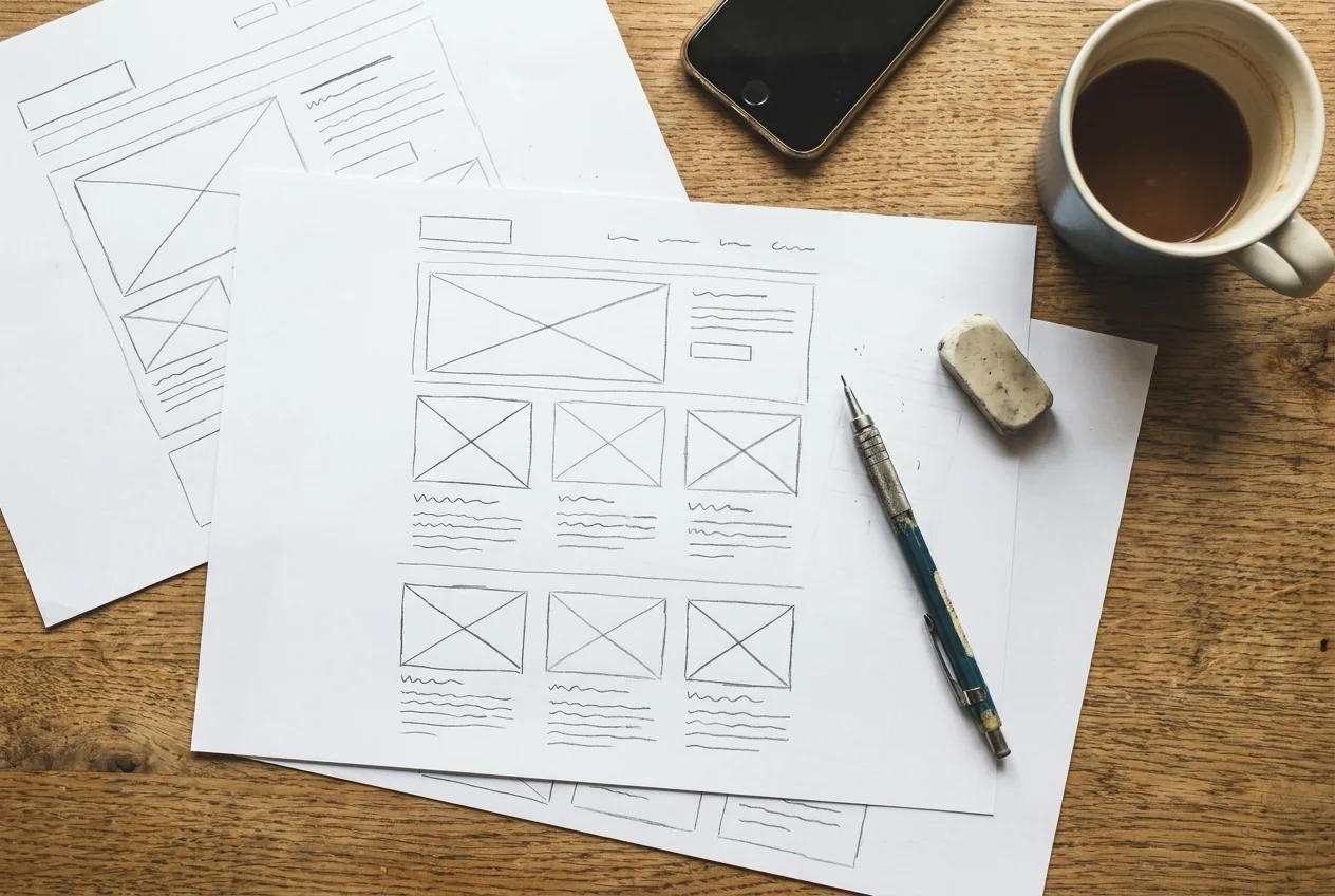 Handgezeichnete Website-Wireframes auf Papier von oben