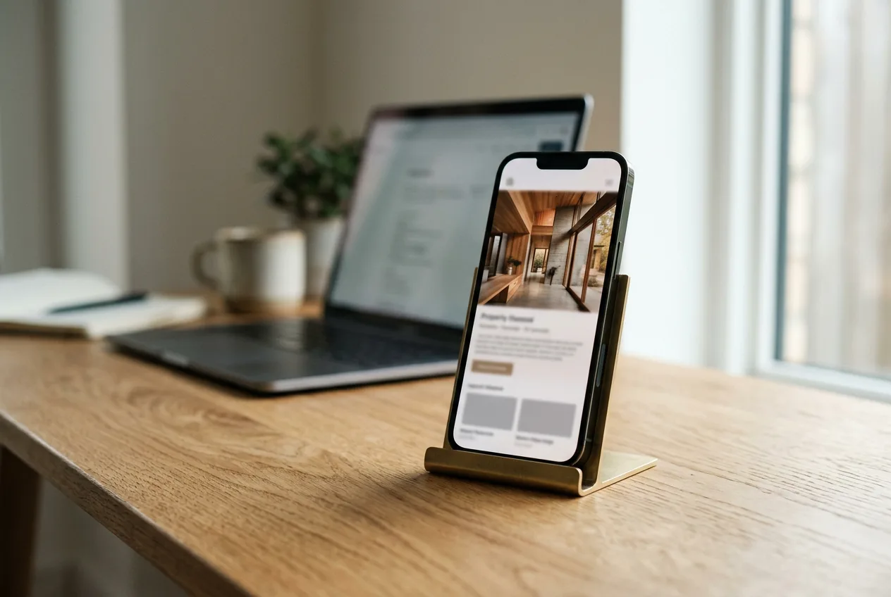 Smartphone im Messinghalter mit Immobilien-Website