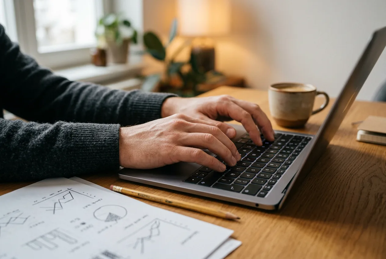 Hände auf einer Laptoptastatur neben ausgedruckten Auswertungen