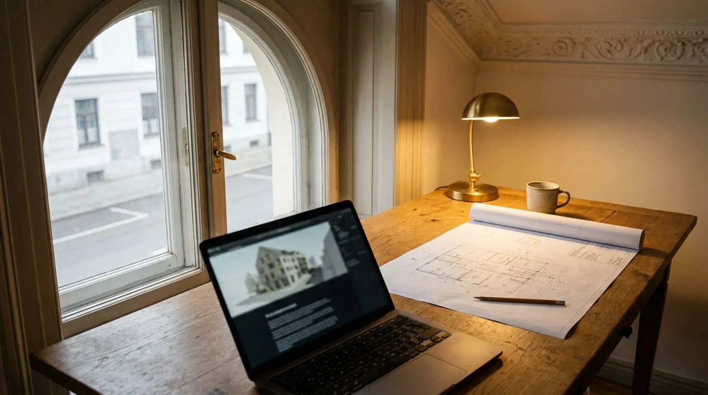Laptop mit Projektwebsite neben einem gedruckten Lageplan
