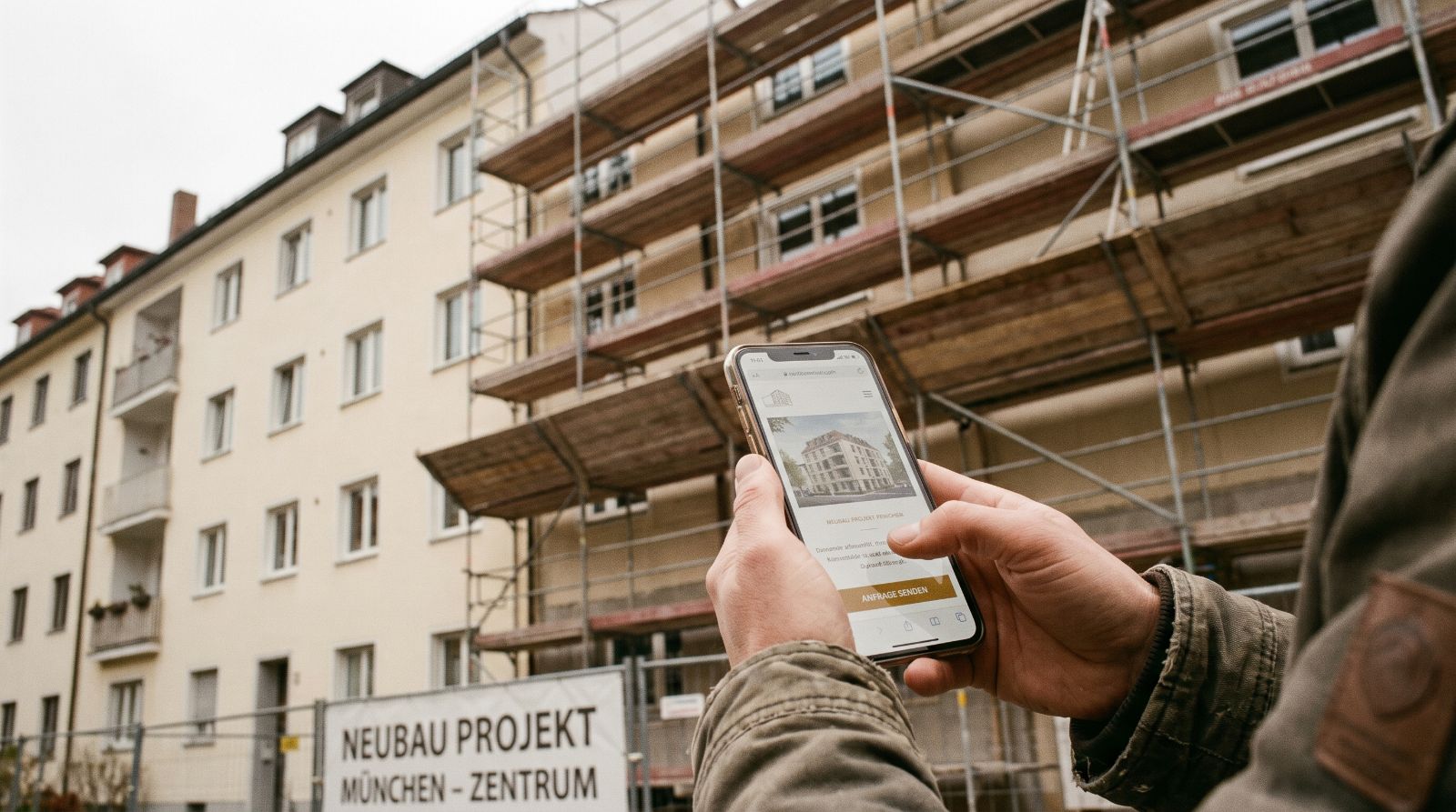 Person mit Smartphone vor einem Münchner Neubauprojekt, auf dem Display die Projektwebsite