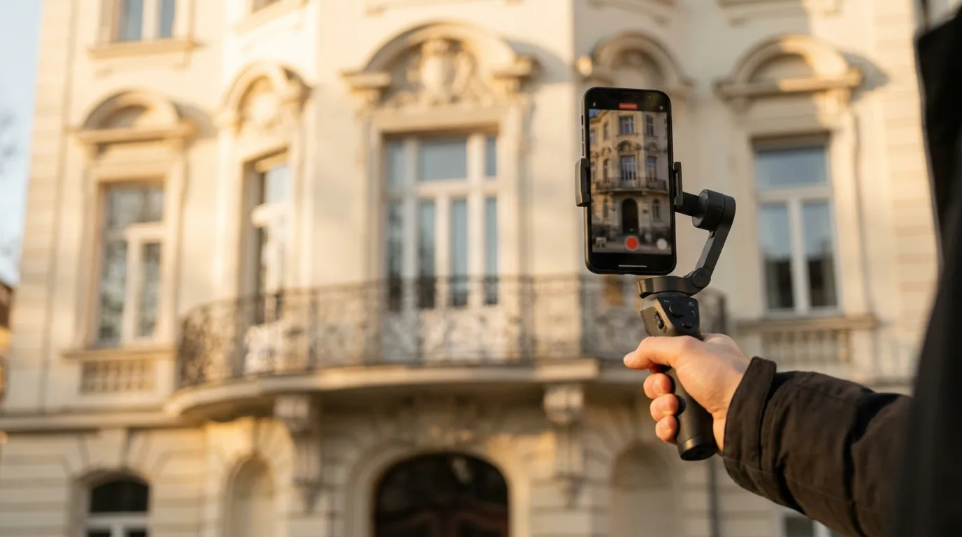 Smartphone auf Gimbal filmt die Fassade einer Münchner Villa