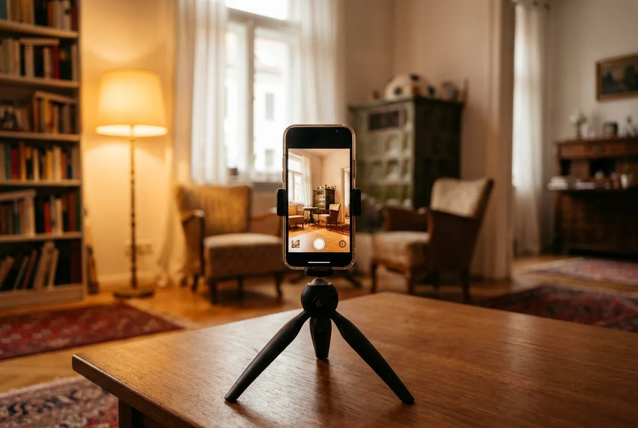 Smartphone auf Ministativ filmt vertikal in einem Altbau-Wohnzimmer