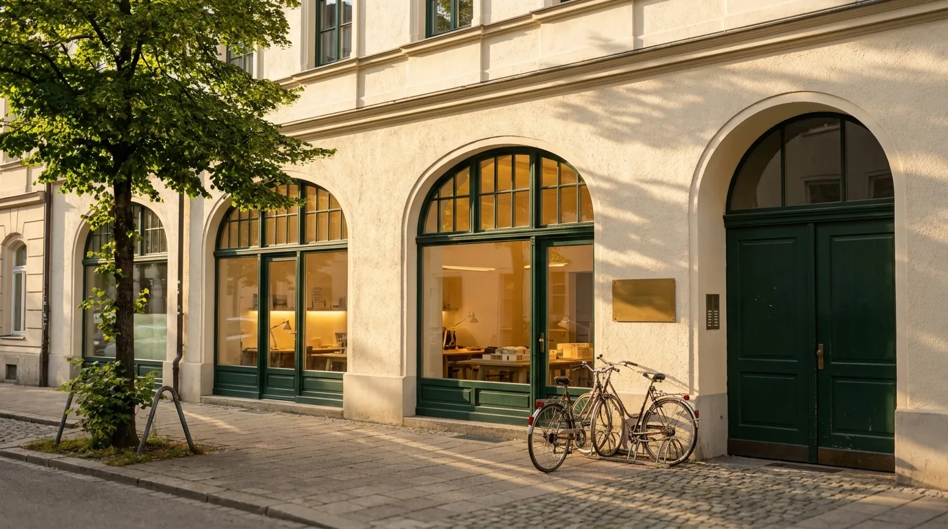 Fassade des Münchner Studios im späten Nachmittagslicht
