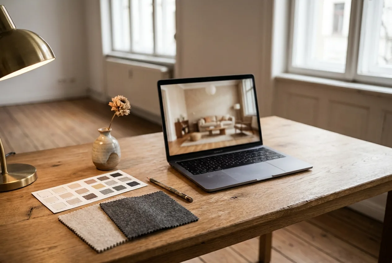Laptop mit Innenraum-Visualisierung, Farbkarte und Stoffmustern