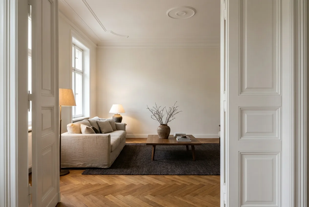 Möbliertes Altbau-Wohnzimmer mit Fischgrätparkett und Stuckdecke